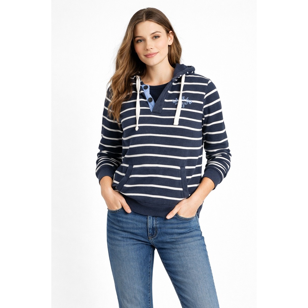 Soft As A Grape Cape Cod Striped Henley Hoodie Navy White Women Medium‎